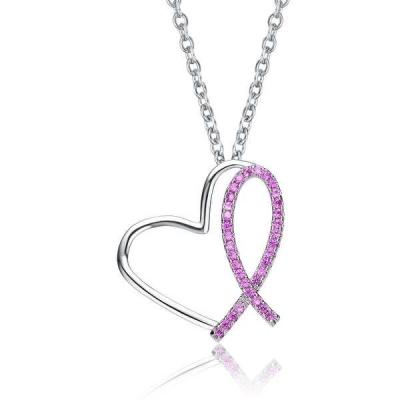 China TRENDY Pink Breast Cancer Ribbon Awareness Jewelry Brass CZ Zirconia Heart Necklace For Women for sale