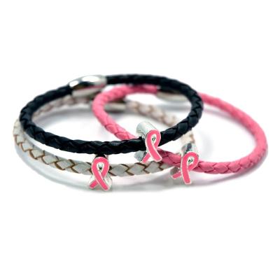 China Stainless Steel CLASSIC Pink Clasp Jewelry Breast Cancer Awareness Ribbon Bracelets Leather Women for sale