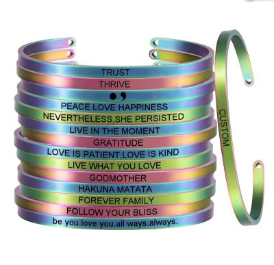 China TRENDY Rainbow Jewelry Hand Stamped Stainless Steel Custom Stamp Engraving Motivational Open Cuff Bangle Bracelet for sale