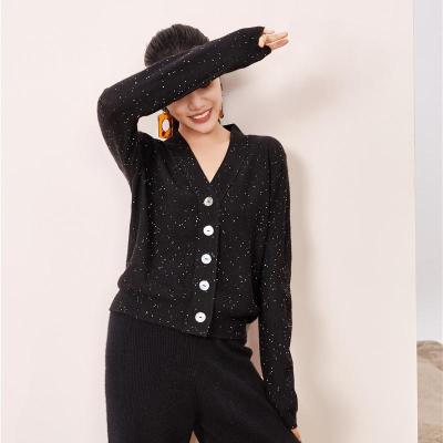 China Female 100% Cashmere Sequin Knitted Button V-Neck Sweater Hot Selling Anti-pilling Cardigan for sale