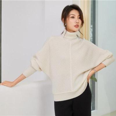 China Factory wholesale 100% pure cashmere bat sleeve anti-pilling knitted turtle neck pullover sweater for women for sale