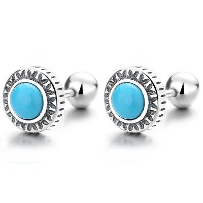 China TRENDY Wholesale 925 silver exotic vintage round turquoise black zircon threaded ear piercing jewelry for sale