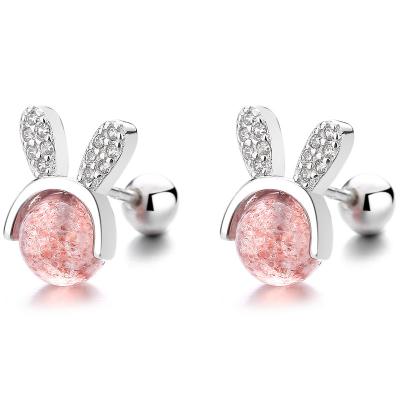 China Cute Wholesale 925 Sterling Silver Pink Strawberry Crystal Bead Cute Bunny Earrings Piercing Jewelry for sale