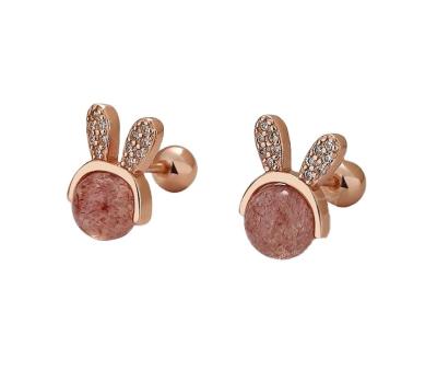 China Cute Hot Selling 925 Sterling Silver Pink Strawberry Crystal Bead Bunny Earrings Piercing Jewelry for sale