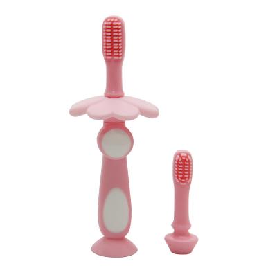 China LULA Beauty High Quality Cartoon Foldable Soft Baby Toothbrush Teether Silicone Toddler Infant Infant Practicing Toothbrush with Suction Base for sale