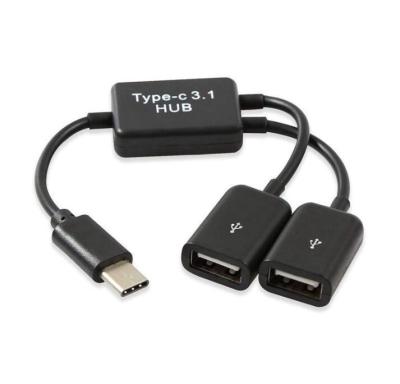 China Black Type C OTG USB 3.1 COMPUTER Male To Dual 2.0 Port OTG Charging 2 Female HUB Cable for sale