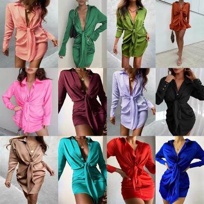 China New Design Breathable Candy Colors Long Sleeve Shirt Slim Fit Bodycon Tie Up V Neck Dresses Women High Waist Shirt Dress for sale