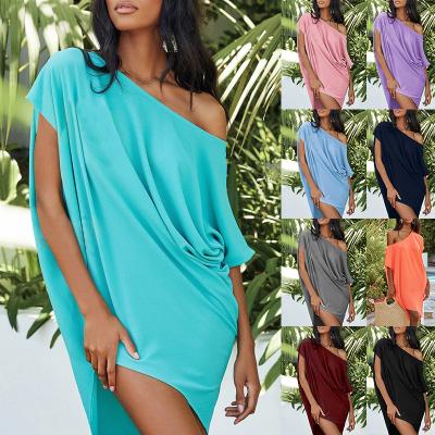 China Breathable Ladies Split Oblique Collar Off The Shoulder Solid Color Customized Plus Size Beach Casual Irregular Sleeveless Short Ladies Dress for sale