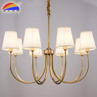 China 8 Way Modern Brass Copper Chandelier and Fix E14 Light Bulbs and Fabric Pendant Light Shades for Hotel Home Restaurant for sale