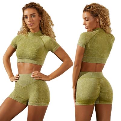 China Breathable Fashion women summer Retro acid Sand Wash 6 Pieces Seamless Yoga Set pinstripe  High Waisted Shorts Leggings Yoga crop top Set for sale