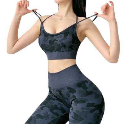 China Breathable Seamless Camo Gym Set Women Open Back Sports Bra And Custom Leggings Opaque Yoga Clothes Nylon Spandex Camouflage Pants Sets for sale