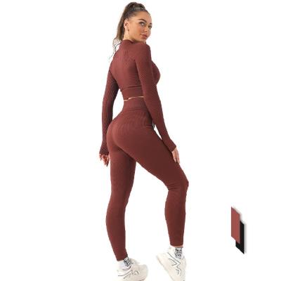 China Breathable 2023 spring new knitted front zipper sport 2 pc long sleeve crop top Striped pant leggings set suit fitness yoga wear sportswear for sale