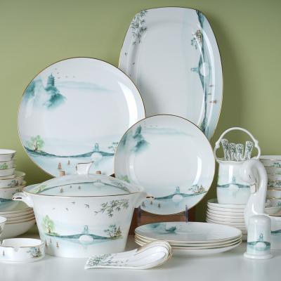 China Viable White Snake Tale Bone China Chinese Dinnerware Set Ceramic Dinner Set For 6 People Porcelain Ceramic Dinner Sets for sale