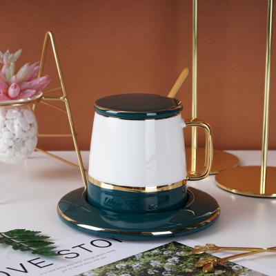 China Viable Nordic Green Ceramic Tea Coffee Malachite Style Ceramic Mug With Lid And Spoon Ceramic Mug With Lid for sale