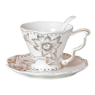 China Sustainable Embossed Gold Flower Pattern Unique Tea Cups With Tray Porcelain Tea Cup Saucer Spoon Set for sale