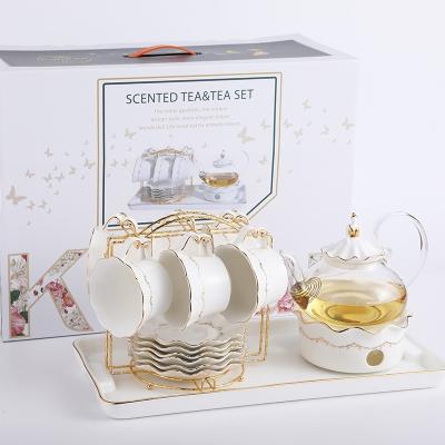 China Luxury Style Golden Rim Porcelain Scented Tea Set Viable European Afternoon Candle Tea Set for sale