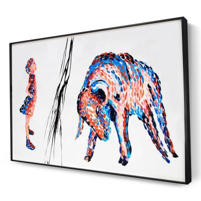 China Modern Handmade Wall Art Canvas Bull and Girl Animal Abstract Oil Painting With Metal Frame for sale