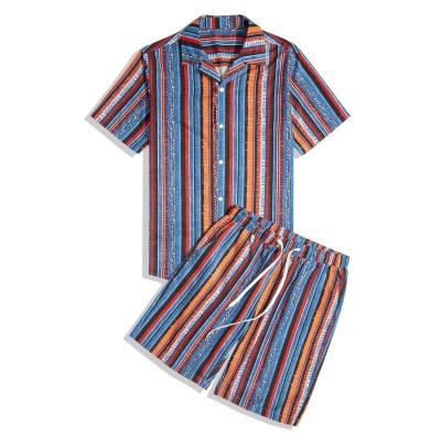 China QUICK DRY Mens Sublimation Print Beachwear Set Striped Cuban Collar Print Short Sleeve Shirt And Shorts for sale