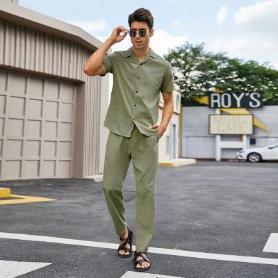 China QUICK DRY custom color plain cotton casual pants pants and cuban collar short sleeve shirt set for men for sale