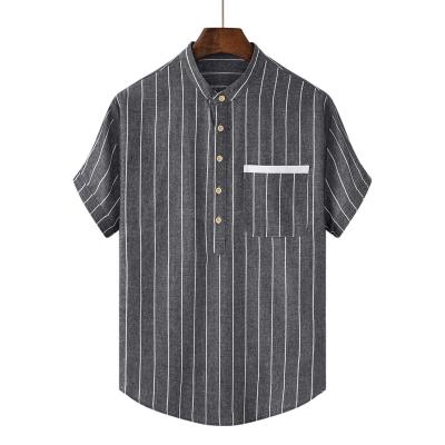 China Anti-pilling Quality Assured Japanese Polyester Cotton Line Collar Casual Striped Short Sleeve Shirt For Men for sale