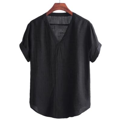 China 2022 New Summer Breathable Casual Simple V-Neck Blend Black Short Sleeve Sweater Men's Anti-pilling Loose Shirt for sale