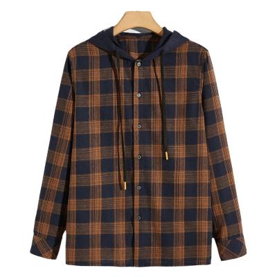 China Custom Men's Poly-Cotton Anti-Pilling Thermo Casual Loose Plaid Flannel Hooded Full Sleeve Shirts for sale