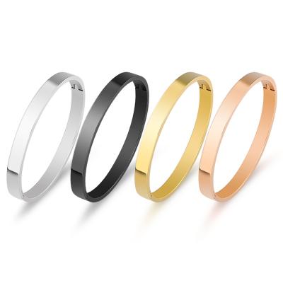 China CLASSIC Fashion Open Titanium Steel Rose Flat Oval Smooth Gold Bangle Stainless Steel Couple Bracelet for sale