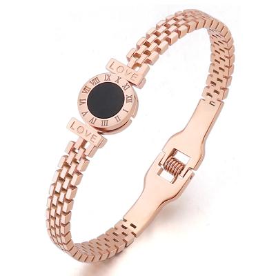 China Fashion Trendy Korean Titanium Bangle Stainless Steel Love Letter Roman Numeral Hollow Round Bracelet for sale