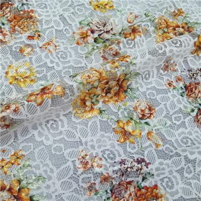 China Sustainable New Design Customized Color Digital Print Lace Tied Fabric Clothing Apparel White Foil Print Lace Fabric for sale