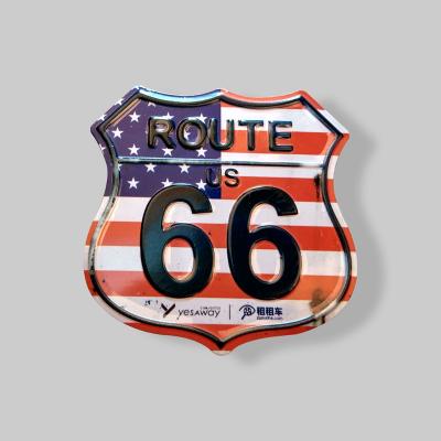 China Tin Sign Plate Printing US Route 66 Shield Shape Vintage Metal Embossed Mini Aluminum License Plate Magnet 8cm*8cm for sale