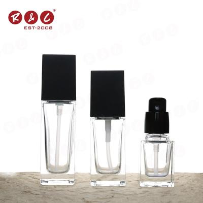 China Mini 30Ml Square Cosmetic Delicate Eco-Friendly Flat Glass Pump Luxury Makeup Liquid Appearance Base Bottle Packaging for sale