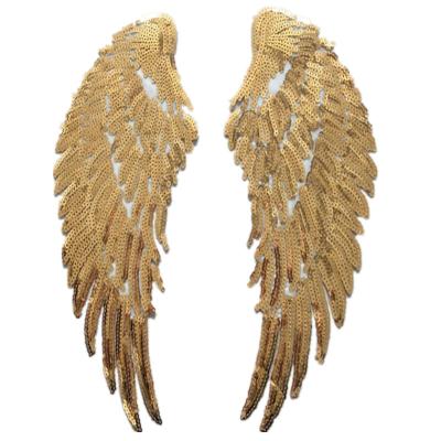 China 31.5CM 3D Gold Sequin Feather Angel Wings Sew Iron On Patches For Dress Jeans Shirt DIY Appliques Decoration for sale