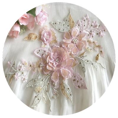 China 36.5cm 36.5cm Pink Flower 3D Flower Embroidery Lace Patch DIY Lady Bag Accessory for sale