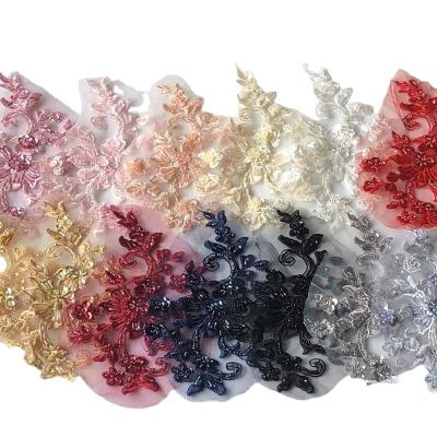 China 19cm 3D Flower Embroidery Tulle Lace Applique With Millet Beads for sale