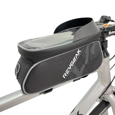 China Universal REYGEAK Bicycle Frame Bag PU Touch Screen Bike GPS Mobile Phone Outdoor Rainproof Adjustable Holder Stand Leather for sale