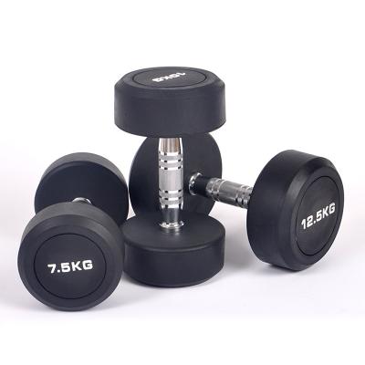 China dumbbell rubber covered commercial round black fixed rubber free weight dumbbell set kg weightlifting gym dumbbell for sale