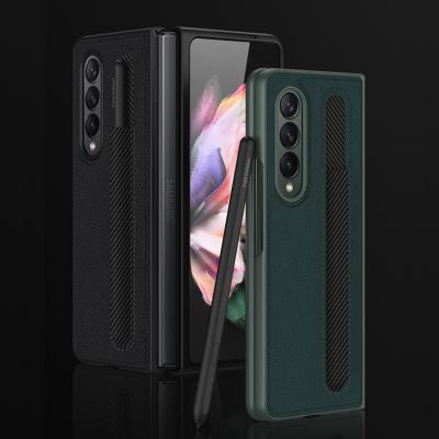 China Case For Galaxy Z Fold3 5G W22 GKK S Pen Slot Shockproof Plain Fiber Leather Slim Pattern Flip Cover For Samsung Z Fold 3 Case for sale