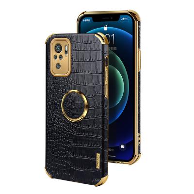 China Shockproof For Note 10 Case Crocodile Texture Luxury 6D Plating Metal Ring Stand Back Cover For Xiaomi Redmi Note 10S Leather Case for sale