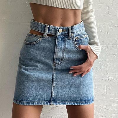 China 2022 new large size women's bag hip skirt solid color denim shorts jeans anti-static skirts ladies blue jeans skirt for sale