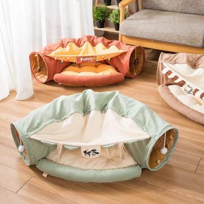 China Nest Mat Tunnel Cat Bed, Foldable Pet Travel Pet Supplies Playing Cat Sleeping Tunnel Bed with Interactive Pet Toy for sale