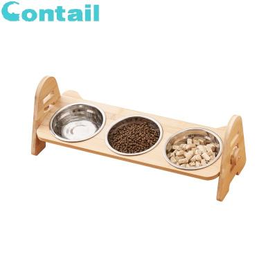 China Ideas 2021 Sustainable Pets New Product Triple Cat Bowl Raised Wooden Frame Food Bowl For Cat for sale