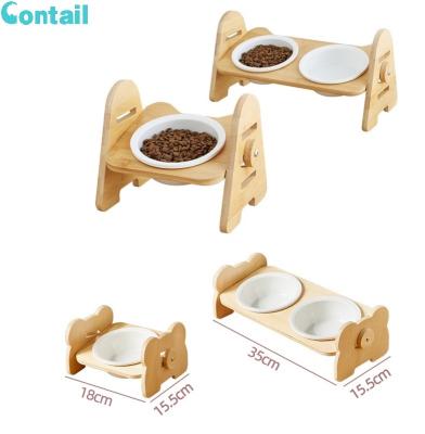 China Wholesale Sustainable Elevated Cat Dog Bowls With Wooden Rack Double Ceramic Bowls Raised Feeder For Pet for sale