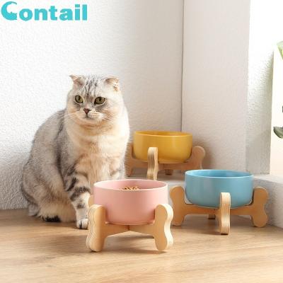 China Sustainable Factory Pet Bowls and Wholesale Feeders, Multicolor Ceramic Cat Dog Pet Bowl with Wooden Stand Bamboo for sale