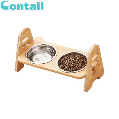 China Sustainable Pet Bowl Stainless Steel Dog Bowl with Anti-Slip Bottom, Wholesale Adjustable Bamboo Double Raised Cat Dog Bowls for Pet for sale