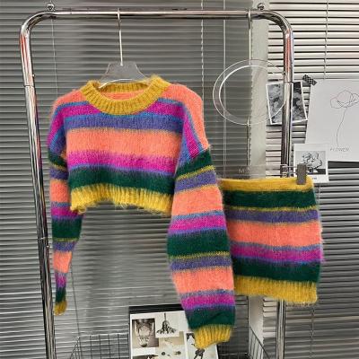 China Designer Fashion Girls Knitted Mohair Anti-Shrink Crewneck Sweaters Quick Delivery 2023 Long Sleeve Top And Hip Skirt Sweater Set For Women for sale