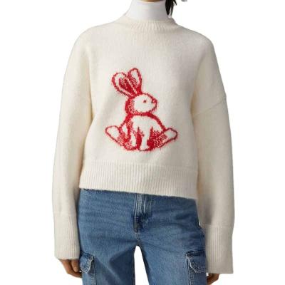 China 2023 New Arrival Anti-wrinkle Long Sleeve Round Neck Knitted Sweater Women's Rabbit Embroidery Animal Pullover Sweater for sale