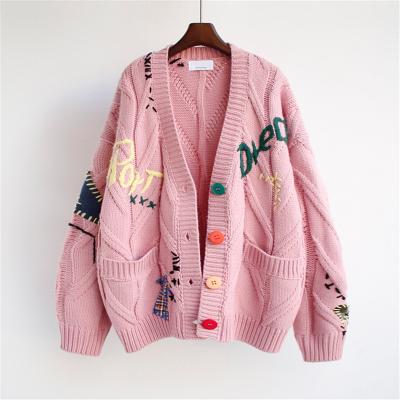 China Anti-Wrinkle Ready to Ship Autumn Winter Women's Cardigan Knitted Sweater Jacket Pocket Embroidery Fashion Loose Sweaters Knit Cardigans Coats for sale