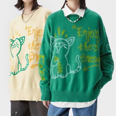 China Anti-wrinkle couples clothing 2023 winter new fashion brand Little Cat Graffiti Jacquard Sweater Loose Warm Pullover for men and women couples for sale