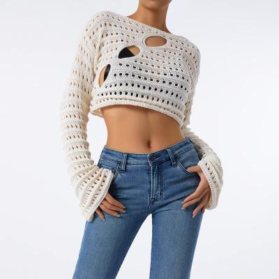 China Anti-wrinkle Women Hollow Out Crochet Knit Full Crop Color Block Square Neck Long Sleeve Fall Sweaters Tops for sale