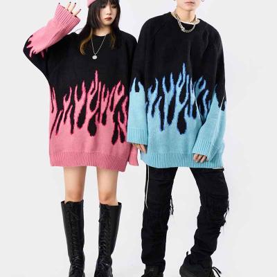 China Anti-Wrinkle Couples Patchwork Oversized Sweater Knit Jumper Pullover Unisex Blue Flame Sheath Long Casual Sweaters for sale